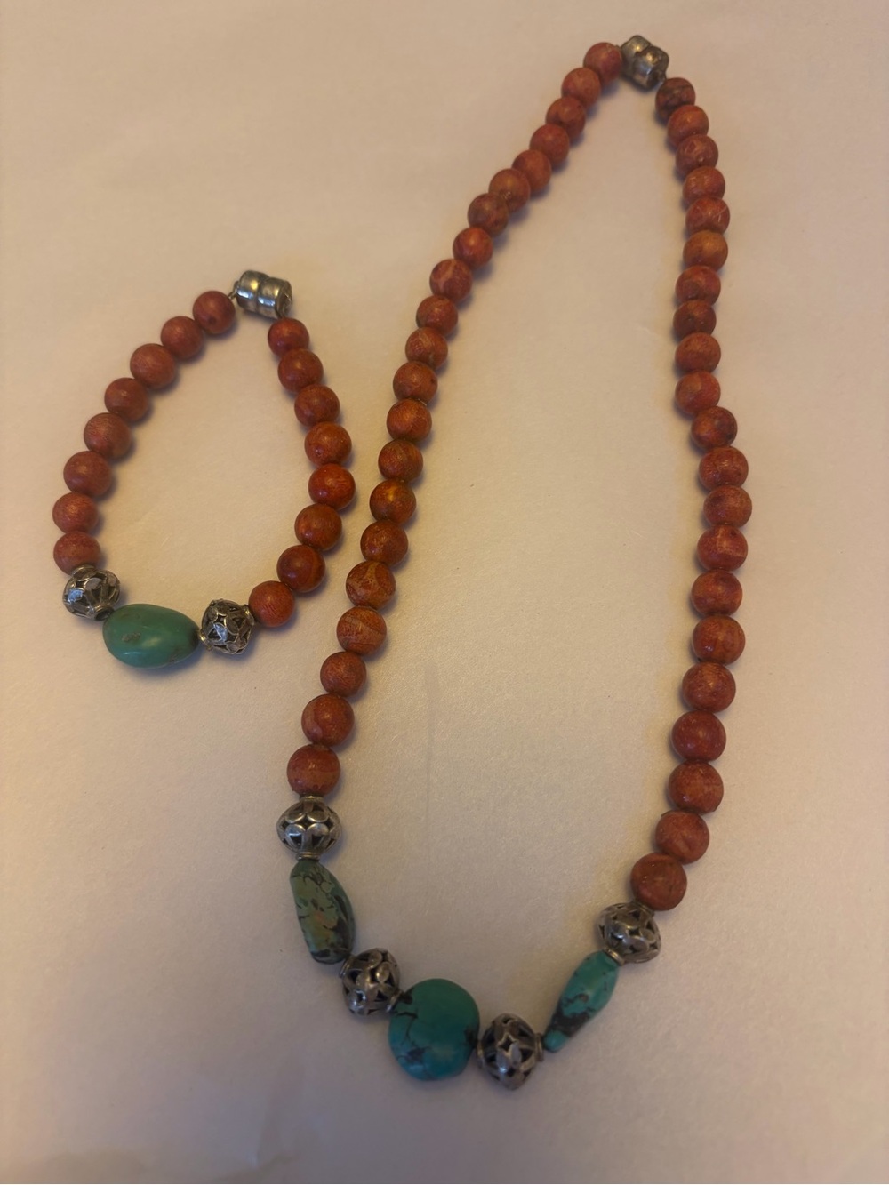 Vintage Red Sponge Coral & Turquoise Bead Necklace + Bracelet Set